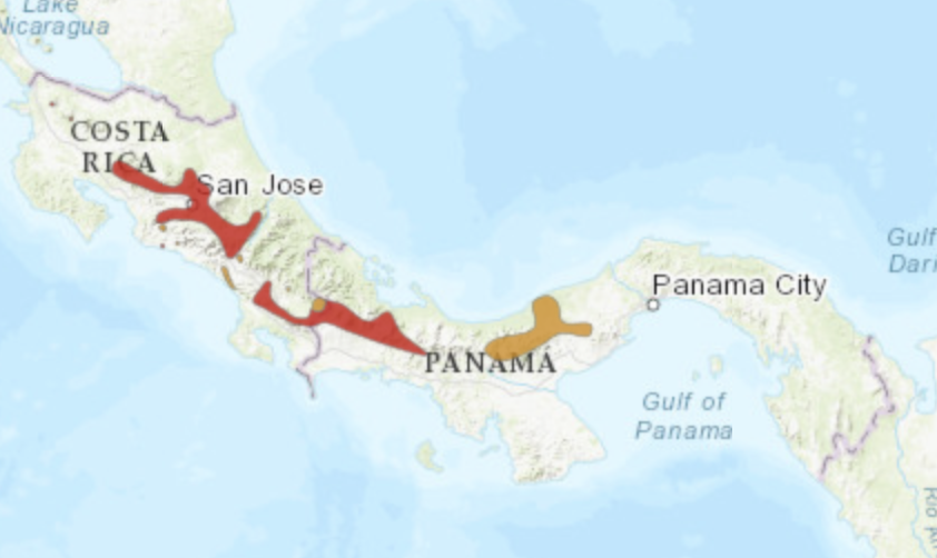 Variable harlequin frog distribution, red = exitirpated